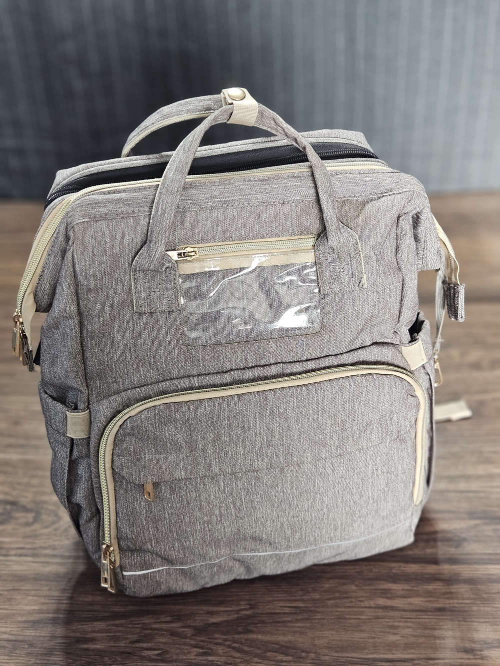 Tan/Gray Diaper Bag Backpack Fold Out Changing Station USB Large Capacity
